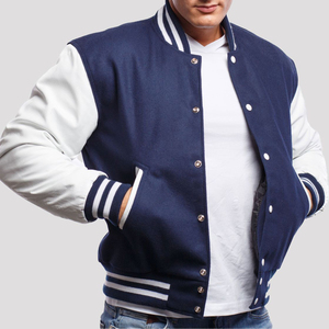 <b>Mens</b> Varsity <b>Jacket</b> Navy Blue and <b>White</b> Custom Letterman Baseball Bomber College <b>Jacket</b> with PU Leather Sleeves OEM Manufacturer - Product Image 4