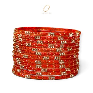 Dernières créations de bracelets en verre décoratifs de style cachemiri, motif goutte de pluie orange, avec cristaux dorés, pour bijoux de mariage indiens, vente en gros - Product Image 2