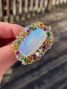 AAA White Baguette <b>Opal</b> Natural Multi Gemstone 925 Sterling <b>Silver</b> Gold/ big luxury cocktail <b>ring</b> - Product Image 2