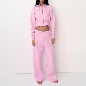 Custom Solid Cotton Lightweight Lady Tube Top and Wide Leg Jogger <b>Pants</b> Set Women Two Piece Jogging Outfit - Product Image 3