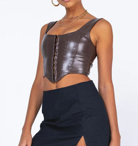 Women's <b>Brown</b> Faux Leather Strapless Crop Top With Hollow Back Sexy Club Style Tank Top - Product Image 4