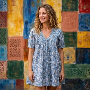 Vestido Corto de Verano para Mujer, 100% Algodón, Estampado Floral a Mano, Estilo Boho, Holgado, con Pliegues, Tejido Transpirable, Hecho a Mano - Product Image 2