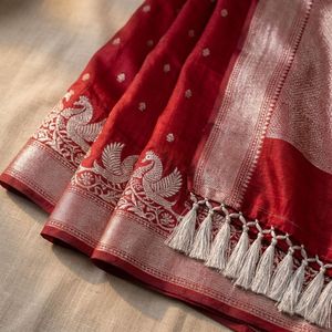 Royal <b>Red</b> Banarasi Silk Long Shawl <b>Saree</b> by NIRMETRA Women's Durable Daily Use All Seasons - Product Image 2