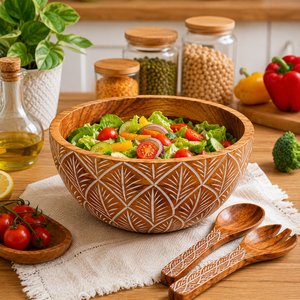 Ensemble de saladiers en bois faits à la main avec cuillères de service |   Grand bol rond à motif de feuilles sculptées pour fruits, légumes, pâtes, collations - Product Image 3