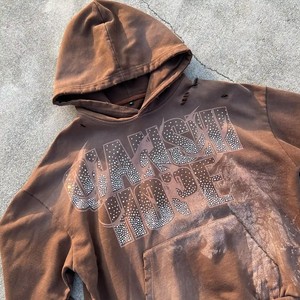 Sweat à capuche oversize délavé à l'acide avec logo personnalisé en strass, style streetwear, sans cordon de serrage, pour hommes et femmes - Product Image 4