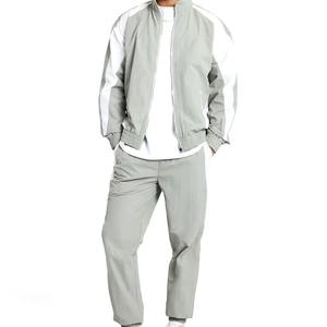 Men's Light Gray Sporty <b>Racer</b> Hooded <b>Jacket</b> White Color Blocking Turn-down Collar Zipper Closure Waterproof Reversible Canvas - Product Image 1