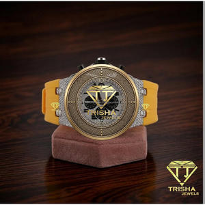 Custom Luxury Gold Tone Watch With Yellow Silicone Strap Sparkling Stone Set Case <b>Chronograph</b> Style Fashion Wristwatch For Men - Product Image 1