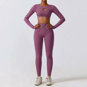 Conjunto Deportivo para Mujer, Ropa de Yoga, Ropa Deportiva, Leggings Deportivos, 3 Piezas, Sujetador Deportivo, Top Corto, Manga Larga, Yoga - Product Image 3
