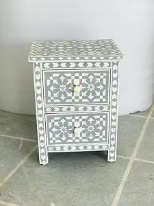 Handmade Bone Inlay Bedside Table with 2 Drawers Ottomans - Product Image 5