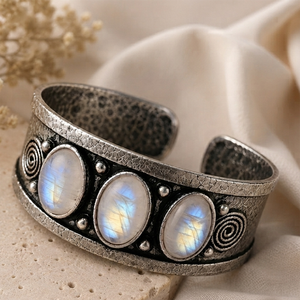 <b>Crystal</b> Dawn Natural Rainbow Moonstone Trio Gem Wide Bezel Set Cuff Bangle Handcrafted Brass Silver/Gold Plated Artisan Classic - Product Image 6