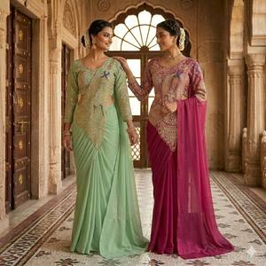 Sari prêt-à-porter avec broderie lourde, en soie Rangoli, avec fils de broderie épais et travail de sequins double, et chemisier assorti - Product Image 2