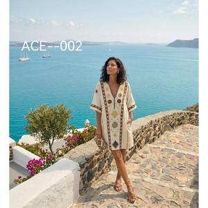 Robe trapèze en coton brodé, col en V, manches courtes, longueur genou, style vacances, motif géométrique blanc, tenue d'été en gros - Product Image 2