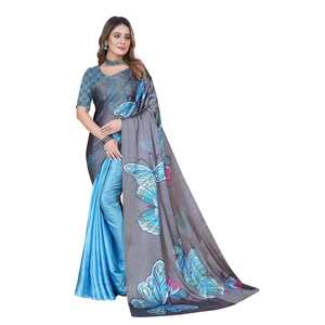 DISEÑADOR JAPAN CRAPE IMPRESIÓN DIGITAL TRABAJO SAREE CON BLUSA SIN COSTAR SKY - Product Image 1