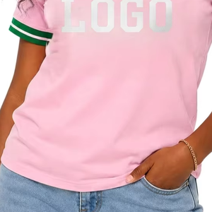 Camiseta de Manga Corta con Cuello en V Rosa para Mujer, con Ribete Verde, Logotipo Personalizado, Corte Regular Informal, 100% Algodón, Transpirable, Ecológica, de Secado Rápido - Product Image 5