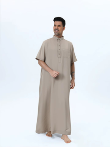 Wholesale Premium Cotton Stand Collar Modest <b>Thobe</b> Islamic Eid Plus Size Floor Length Short Sleeve Quick Dry Breathable 2 Side - Product Image 3