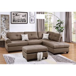 Divano Sezionale Contemporaneo a 3 Posti in Tessuto Mocha Dorris con Chaise Longue Reversibile, Pouf e Cuscini per Soggiorno - Product Image 1