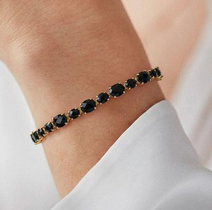 Oval Cut Black Onyx Stone <b>Charm</b> Bracelet in 925 Sterling <b>Silver</b> Gold Plated Luxury Handmade Fine Jewelry Gift for Women - Product Image 2