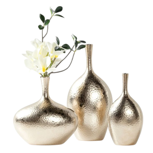 Juego de 3 jarrones de metal martillado color dorado para decoración de mesa en el hogar y bodas, jarrones de flores de lujo artesanales. - Product Image 1
