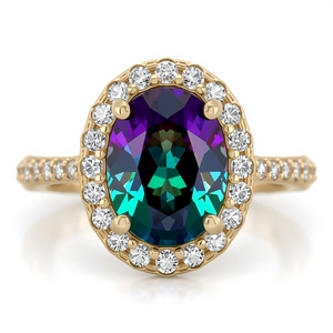 Bague en or massif 9 carats avec trois pierres d'alexandrite de laboratoire, ovale, avec diamant de laboratoire, bijoux fins pour femmes - Product Image 3