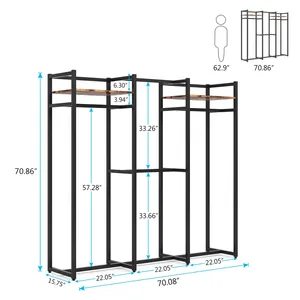 Industrial Metal Clothing Organizer 70.86x70.08x15.75 Inch Three-Layer Standing <b>Storage</b> <b>Rack</b> for Wardrobe Space Saving Design - Product Image 3