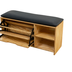 Banco de almacenamiento de madera de estilo moderno de mediados de siglo con cojín superior y estantes abiertos para muebles de sala de estar - Product Image 2