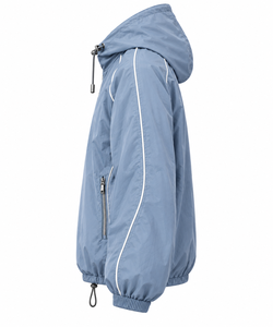 Custom Steel Blue Windbreaker Set with White Piping | Hooded <b>Nylon</b> Jacket & <b>Track</b> <b>Pants</b> | Streetwear Tracksuit - Product Image 3