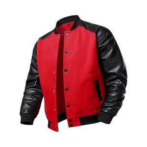 Men's Red Black Varsity <b>Jacket</b> PU Leather Sleeve Turn-down Collar Casual Autumn Wear Regular Fit - Product Image 2