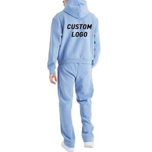 Ensemble de survêtement personnalisé avec logo, bleu clair, sweat à capuche et pantalon long, unisexe, décontracté, pour l'automne, 100% coton, impression en relief - Product Image 2
