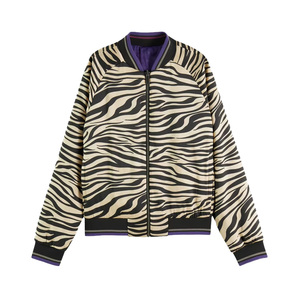 Women's Zebra Print Bomber <b>Jacket</b> Full Sleeve Stand Collar Zipper Closure Autumn Wear Regular Length Polyester Fabric - Product Image 1