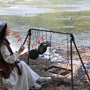 Adjustable Iron Grill Grates Foldable Campfire Cooking Rack Hooks Access Hanging BBQ Swing Campfire Cooking Outdoor <b>Cookware</b> - Product Image 3