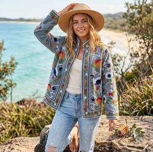 Chaqueta de Algodón con Bordado Floral para Mujer, Cuello Mandarín, Manga Larga, Estilo Prairie Chic de Primavera, Largo Regular, Tejido Transpirable - Product Image 1