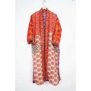 Indian 100% Silk V-Neck Drawstring Full-Length Long Sleeve Romantic Floral Striped Kimono <b>Robe</b> for <b>Women</b> Breathable Soft - Product Image 5