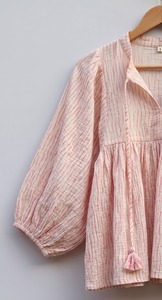 Tie Dye Woven Cotton Lace Breathable Simple Women's V-neck <b>Balloon</b> Sleeve Bohemian Handmade Casual Christmas Blouse All Seasons - Product Image 3