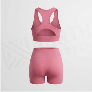 ชุดโยคะ 2 ชิ้นแบบมีริบบิ้น North Approach เสื้อชั้นในกีฬาแบบ Racerback กางเกงขาสั้นเอวสูง สีชมพูพื้น ระบายอากาศได้ดี ชุดออกกำลังกายสำหรับผู้หญิง - Product Image 2