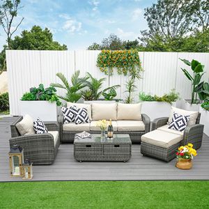 Set da Giardino in Rattan a 5 Pezzi, Comodo Arredamento da Esterno per Conversazione con Cuscini - Product Image 1