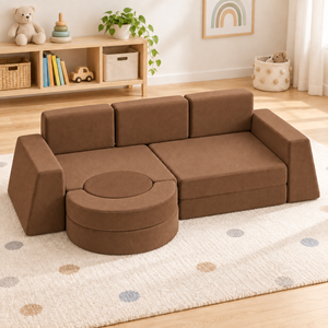 Canapé modulaire en forme de L Kisd avec coussin de dossier, accoudoirs carrés, convertible, extensible, en tissu microfibre marron pour salon - Product Image 5
