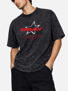 T-shirt graphique surdimensionné Pray, style vintage délavé à l'acide, inspirant, streetwear à thème religieux, noir délavé - Product Image 1