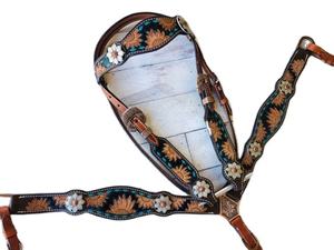 Tachuela de caballo ligera de piel de vaca de primera calidad-Juego de pespunte turquesa con girasol Diseños de tendencia Equipo de sillín occidental para - Product Image 2