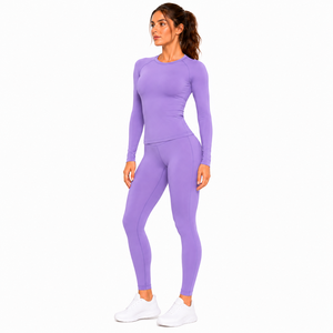 Women Solid Purple Yoga Set Long Sleeve Crew Neck Mid Waist <b>Leggings</b> Full Length <b>Seamless</b> Spandex/Nylon Ribbed Thermal - Product Image 3