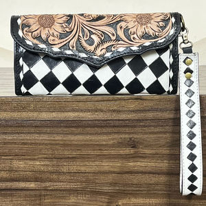 Premium Western Hand Tooled Genuine Cowhide Leather Women's <b>Wallet</b> Clutch with Diamond Checkered Design Floral Carved Flap Purse - Product Image 4