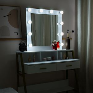 Tavolo da Trucco Illuminato a LED con 2 Ripiani Portaoggetti, Scrivania in Legno per Camera da Letto - Product Image 4