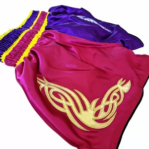 Men's Muay Thai Shorts Purple Pink Satin Embroidered Tribal Design <b>Elastic</b> Waist Casual Fight Wear - Product Image 4