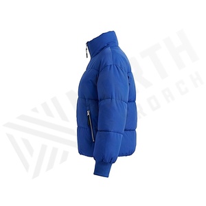 Blue Quilted Puffer <b>Jacket</b> Women Winter Stand Collar Full <b>Sleeve</b> Zipper Closure Thick Polyester Filling <b>Short</b> Length Solid Color - Product Image 3