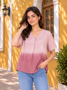 Chemisier en lin pour femme à col en V et manches courtes, dégradé de couleurs, coupe ample, décontracté, respirant, printemps-été - Product Image 1
