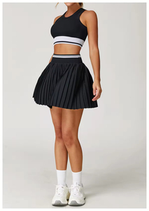 Women White Striped Tennis Crop Top And Pleated <b>Skirt</b> Set Breathable Spandex Polyester Sportswear Fitted Sleeveless Tank Style - Product Image 5