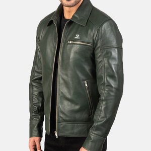 เสื้อแจ็คเก็ตหนังแกะแท้สีเขียวสำหรับผู้ชาย แบบเย็บลายสไตล์ไบค์เกอร์ คอปกเสื้อเชิ้ต คอปกโปโล ทรงเข้ารูป สไตล์สั่งตัด - Product Image 3