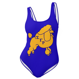 Traje de Baño Entero Sigma Gamma Rho Poodle para Mujer, Azul y Dorado, Elástico, Deportivo y Elegante - Product Image 1