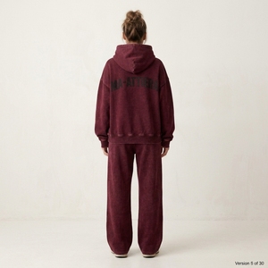 Conjunto de Sudadera con Capucha Oversize Lavada Color Borgoña y Pantalones Anchos de Chándal Estilo Urbano OEM al por Mayor - Product Image 2