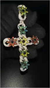 Collier pendentif croix unisexe en argent sterling haut de gamme, design 3D fleur en moissanite, plaqué or rose, style hip-hop - Product Image 4