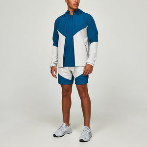<b>Men's</b> Blue White Solid Cotton Breathable Hooded <b>Jacket</b> and Shorts Set Sporty <b>Summer</b> Outfit Quick Dry Knitted Wear - Product Image 1